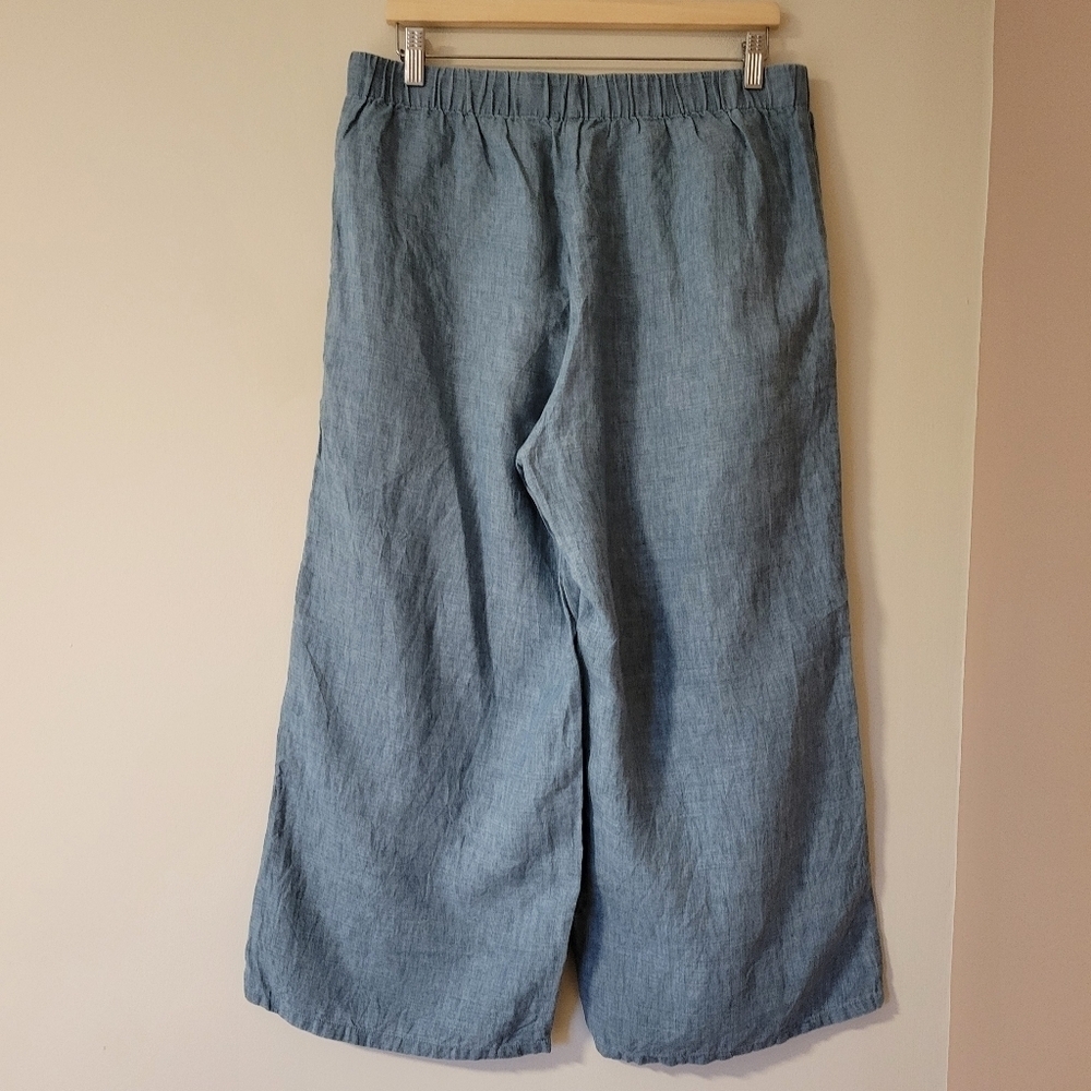 EILEEN FISHER Washed-Organic-Linen Délavé Wide-Leg Cropped Pants Blue Sz Medium - Picture 4 of 10